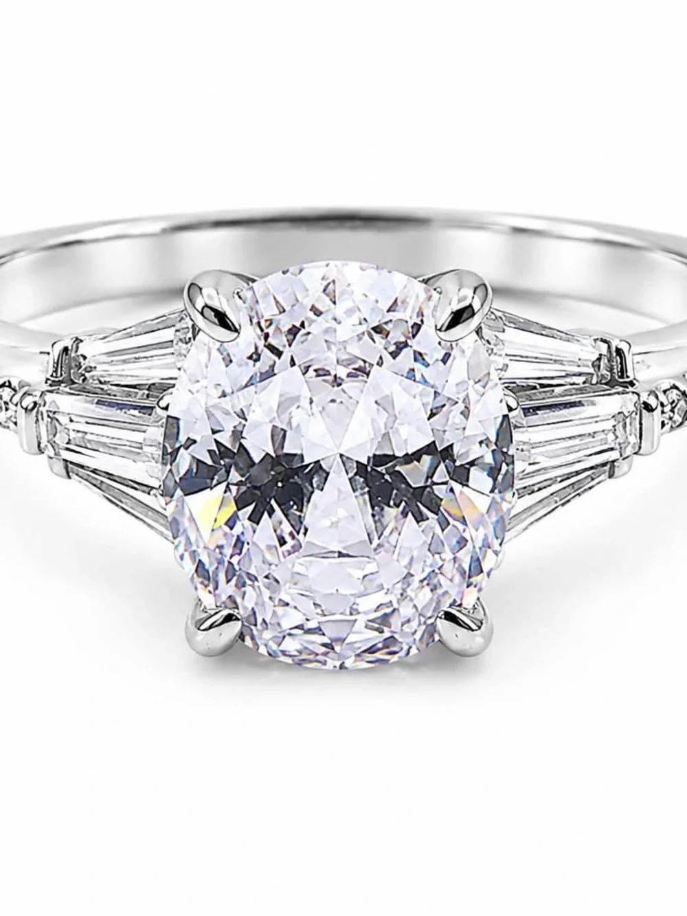 Oval White CZ Engagement Ring with Tapered Baguette Accents